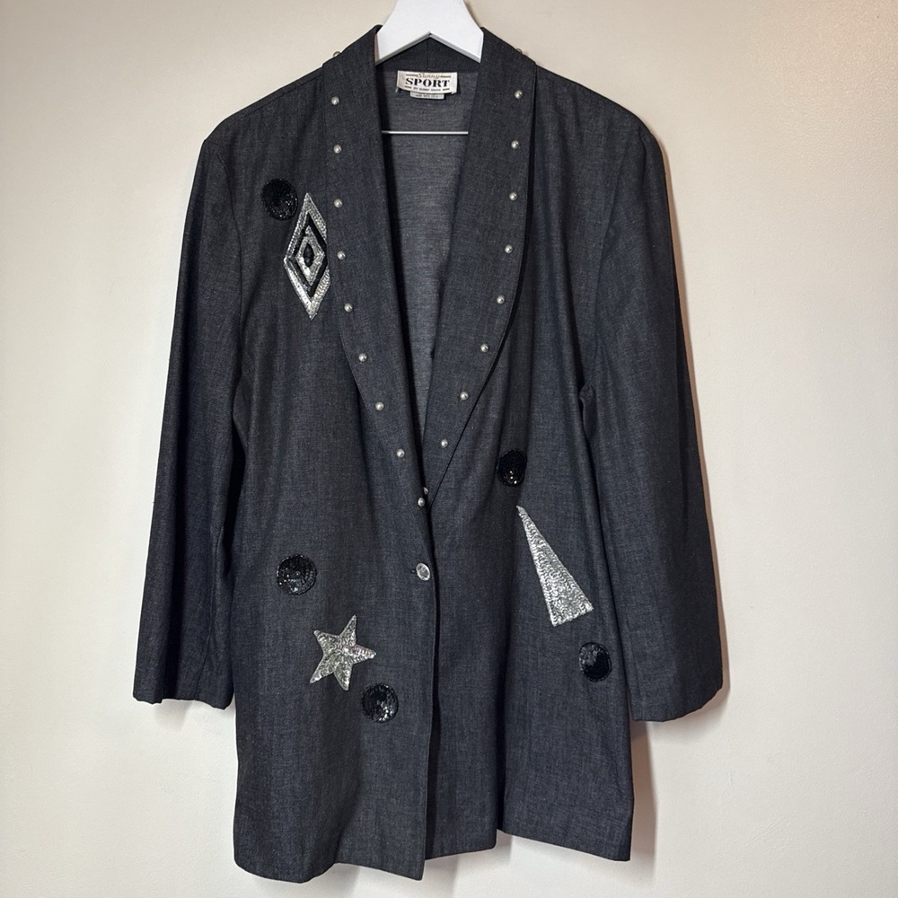 Vintage Sunny Sport Blazer Womens Size 12 Black Jacket Retro Glitter 80s 90s